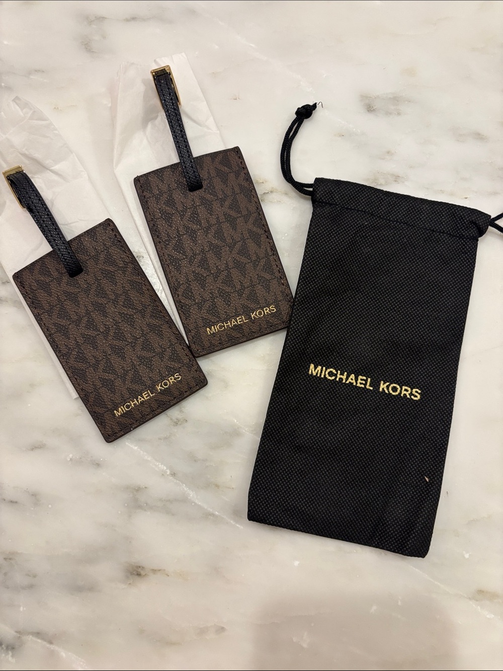 Michael Kors Brown Monogram Leather Luggage Tag Duo with Black Dust Bag